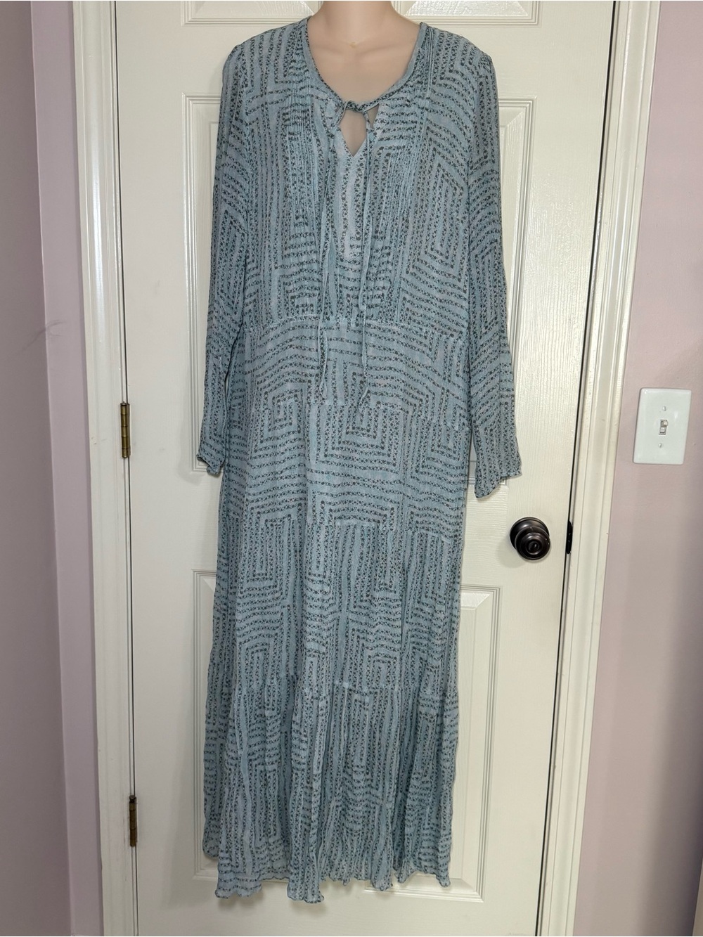 Sundance Womens Size 16 Teal Silk Long Sleeve Dress Maxi V Neck Tie Boho Lined